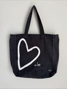 Peace Love World I Am Love Black Canvas Tote Bag Heart Graphic